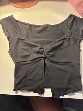 Women’s Black Ruched Front Crop Top with Front Slit